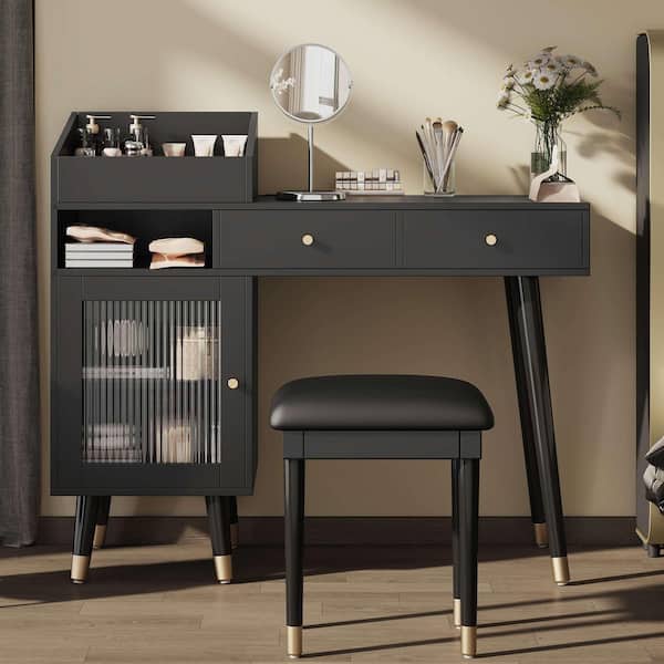 2-Piece Black Makeup Vanity Set with Drawers, Cabinet, Charging Port and Stool