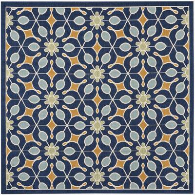 Caribbean Navy 5 ft. x 5 ft. Floral Contemporary Indoor/Outdoor Square Area Rug