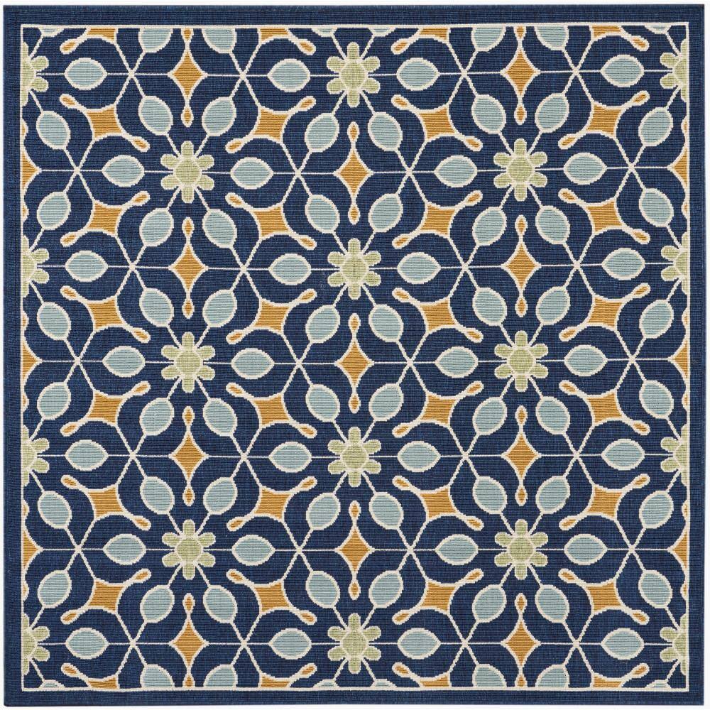 Nourison Caribbean Navy 5 ft. x 5 ft. Square Floral Contemporary Indoor ...