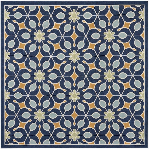 Nourison Caribbean Navy 5 ft. x 5 ft. Square Floral Contemporary Indoor/Outdoor Patio Area Rug