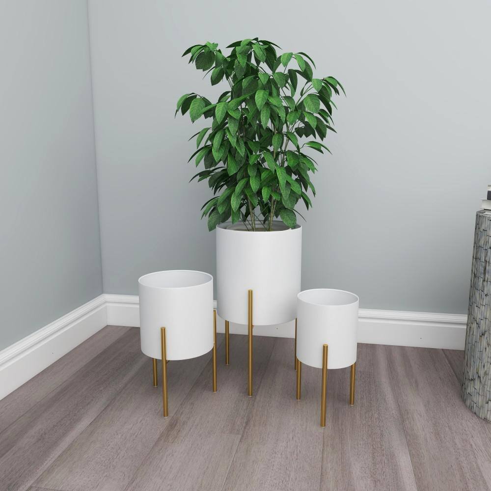 White and Gold Metal Cylinder Floor Planter Set of 3