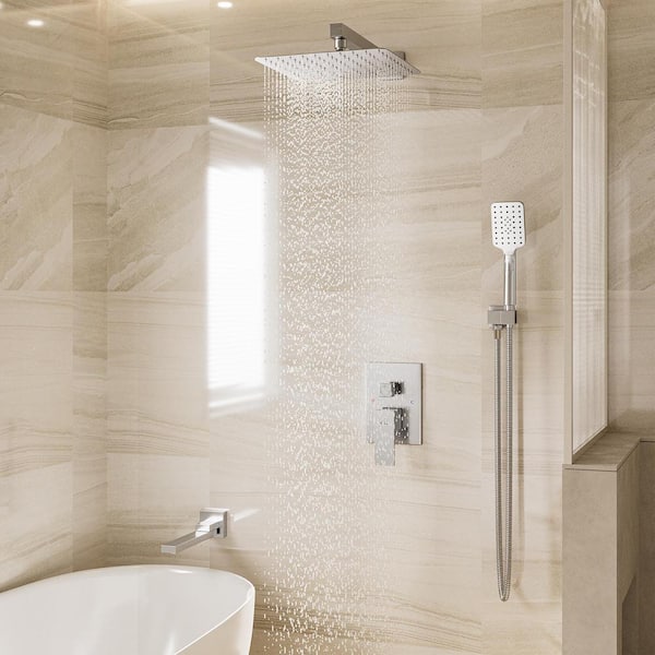 3-Spray Patterns 10 in. Wall Mount Rain Dual Shower Heads with Handheld, Spout and Valve in Brushed Nickel