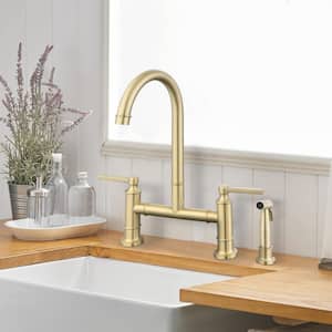 Double-Handle Bridge Kitchen Faucet with Side Sprayer in Brushed Gold