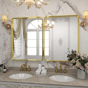 30 in. W x 40 in. H Rectangular Modern Aluminum Framed Rounded Gold Wall Mirror