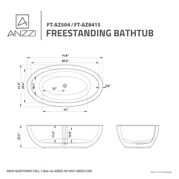 ANZZI - Kekehun Series 76 in. x 41 in. Flat Bottom Solid Surface Freestanding Soaking Bathtub with Center Drain in Matte White