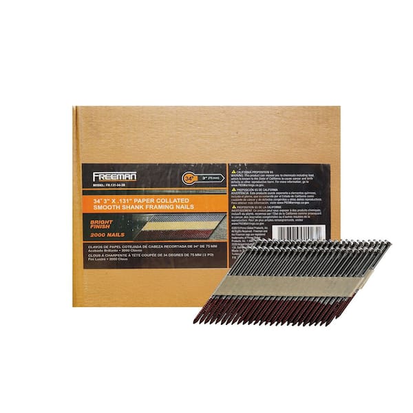 Freeman 34° .131 in. x 3 in. Paper Collated Bright Framing Nails - Smooth Shank - 2,000-Count - for Framing and Subfloors