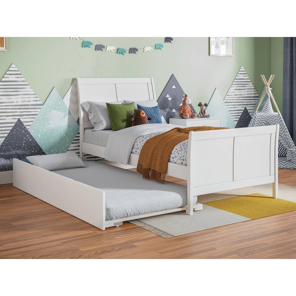 White Twin Solid Wood Platform Bed with Trundle and Headboard