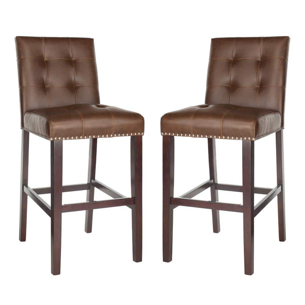 Nikita Brown Leather and Wood Bar Stools, Set of 2