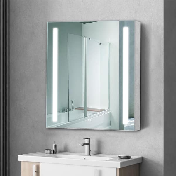 UKISHIRO 30 in. W x 30 in. H Silver Aluminum Frameless Surface Mount Soft Close Medicine Cabinet with Mirror and LED Lighting