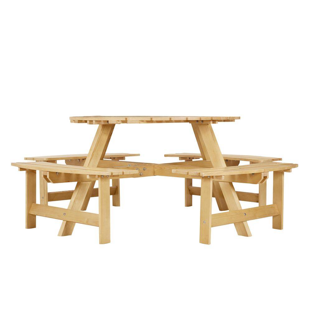 Outdoor 70.08 in. Round Pine Wood Picnic Tables Seats 8 People with Umbrella Hole and 4 Built-in Benches, Natural Wood price history on PriceWatchPro