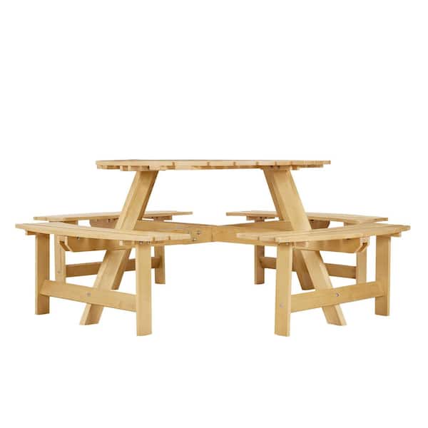 Outdoor 70.08 in. Round Pine Wood Picnic Tables Seats 8 People with Umbrella Hole and 4 Built-in Benches, Natural Wood