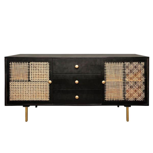 Benjara Black Wood Top 63 in. Sideboard with 2-Doors and 3-Drawer