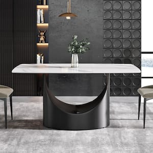 63 in. White Sintered Stone Tabletop Kitchen with Pedestal Dining Table with Black Carbon Base (Seats 6)