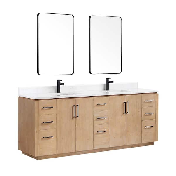 San 84 in.W x 22 in.D x 33.8 in.H Double Sink Bath Vanity in Fir Wood Brown with White Composite Stone Top and Mirror