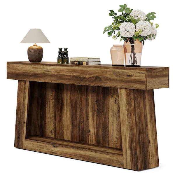 BYBLIGHT Turrella 63 in. Rustic Brown Rectangle Wood Console Table, Farmhouse Sofa Table with Storage, 2-Tier Behind Couch Table