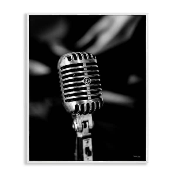 Stupell Industries Vintage Microphone on Black by Jennifer Rigsby White Framed Music Giclee Art Print 30 in. x 24 in.