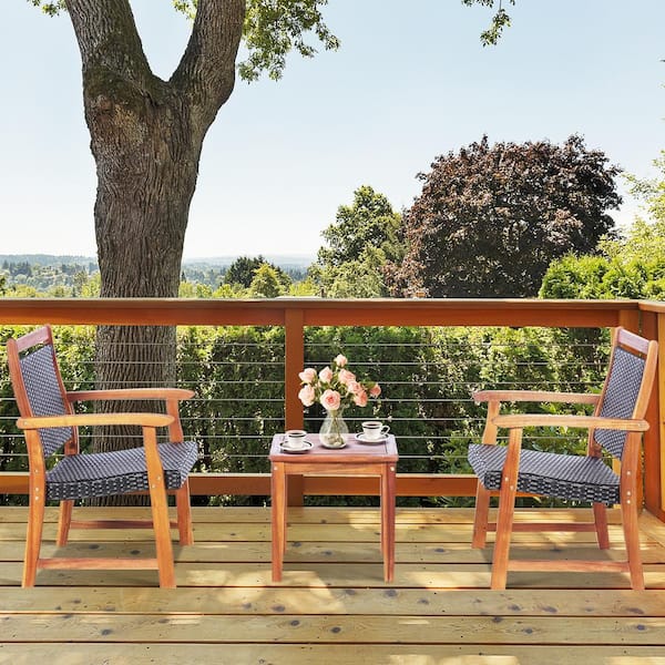 3-Pieces Wicker Rattan Outdoor Bistro Set with Acacia Wood Frame for Garden