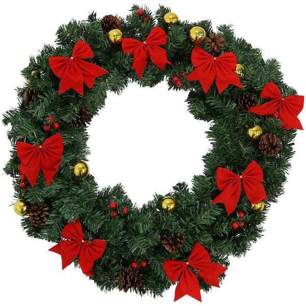Sunnydaze 24 in. Artificial Christmas Wreath with Red Holiday Bows
