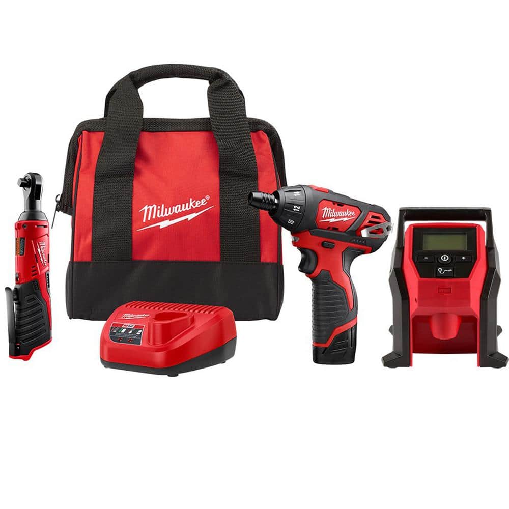 Milwaukee M12 12V Lithium-Ion Cordless 3/8 in. Ratchet and Screwdriver Combo Kit with M12 Compact Inflator -  2401-21R-2475