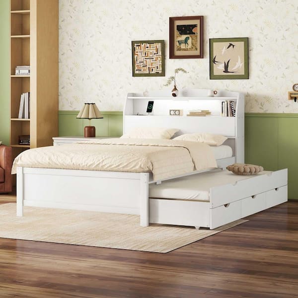 White Wood Frame Full Platform Bed with Trundle, Storage Headboard, Drawers
