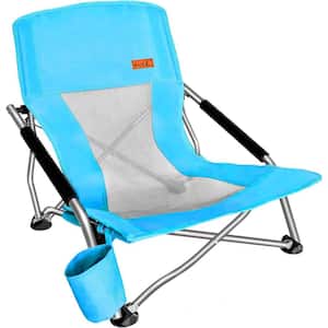 Beach Chair for Adults, Low Beach Camping, Folding Chair, Shoulder Strap, Cup Holder, Steel Frame 300 lbs. (Blue 1-Pack)
