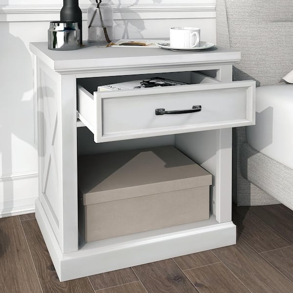 ANBAZAR Solid Wood 1-Drawer White Nightstand with Open Shelf, Modern Nightstand Bedside Table End Table 21.3''L*15.9''W*26''H