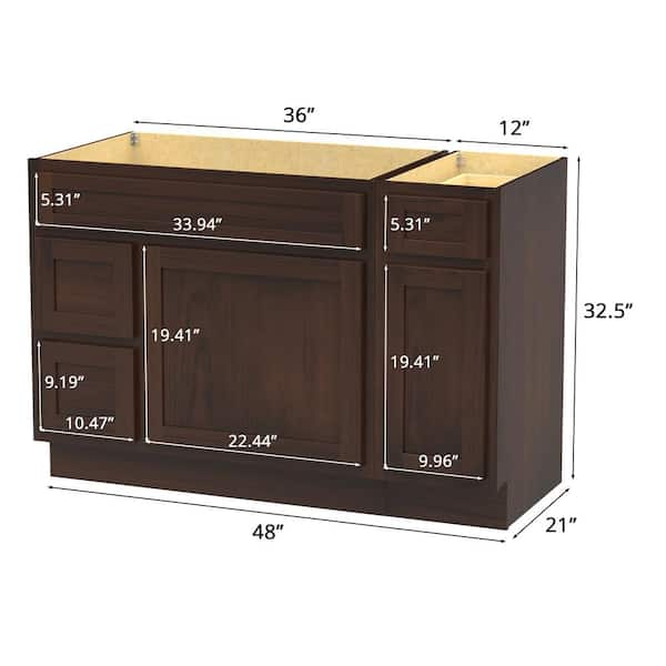 Vanity Art 48 in. W x 21 in. D x 32.5 in. H Bath Vanity Cabinet without Top in Brown