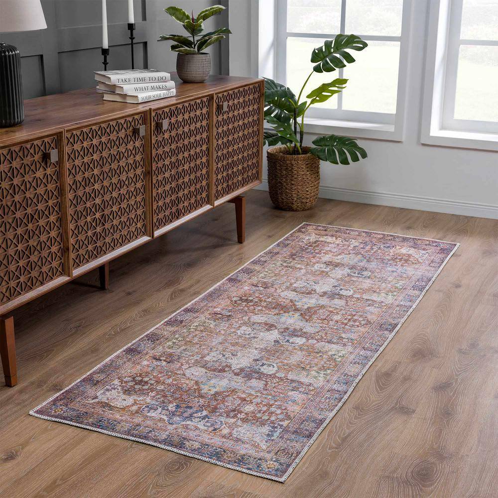 Elki Red and Blue Polyester Oriental Washable Rug 5'3" x 7'3"