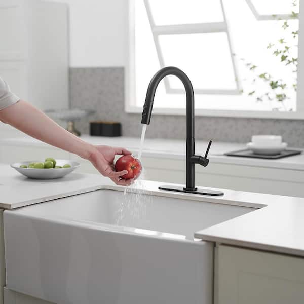 Single Handle 16.81 in Pull Down Sprayer Kitchen Faucet, 360 Degree Spout Swivel Kitchen Faucet in Matte Black