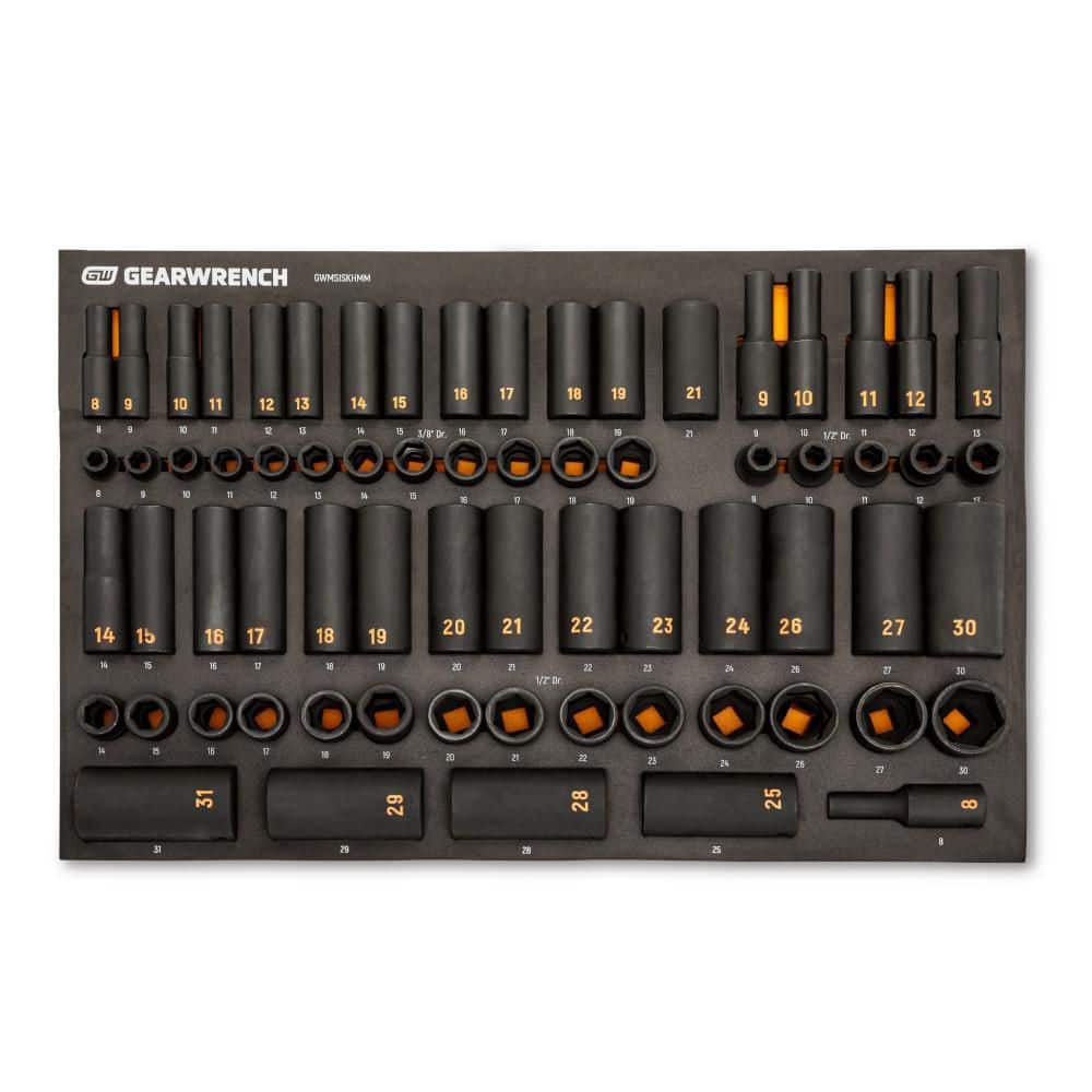 GearWrench 3/8 in. and 1/2 in. Drive 6-Point Metric Standard and Deep Hi-Viz Impact Socket Set in Foam Storage Tray (68-Piece)