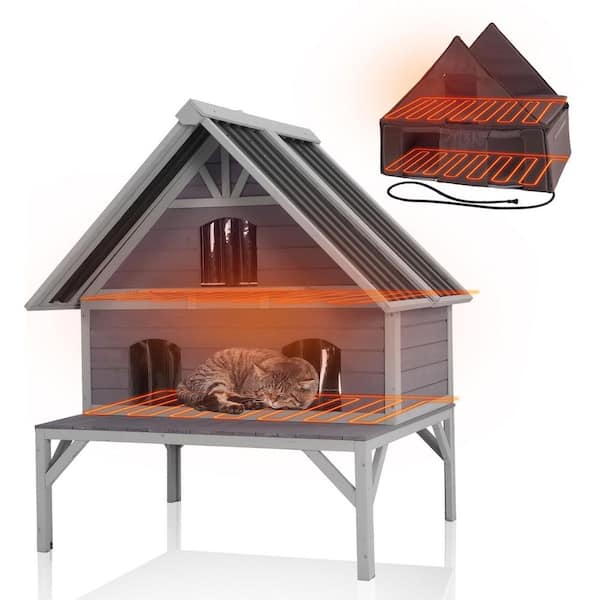 Heated Wooden Cat House with Insulation Heating Pad, Feral Insulated Cat House with Metal Roof