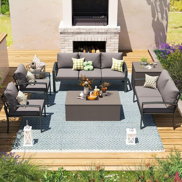 6-Piece Metal Patio Conversation Set w/ Dark Grey Cushions and Storage Boxes