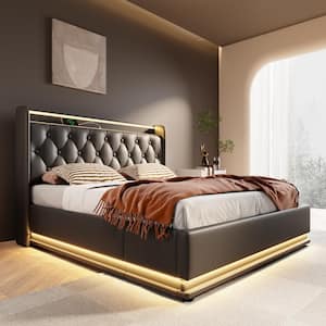 Black Wood and Metal Frame Upholstered PU Full Platform Bed with Hydraulic Storage, USB Charging and 360° LED Light