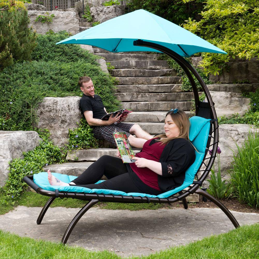 Turquoise Steel Chaise Lounger with Umbrella