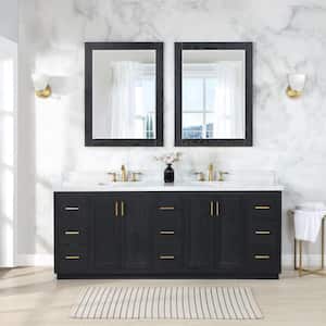 Gazsi 84 in.W x 22 in.D x 34 in.H Bath Vanity in Black Oak with Grain White Composite Stone Top and Mirror