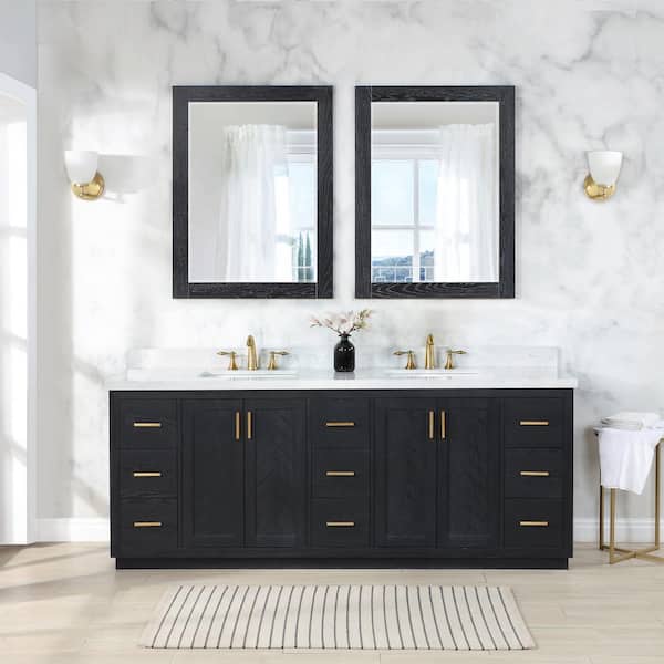Altair Gazsi 84 in.W x 22 in.D x 34 in.H Bath Vanity in Black Oak with Grain White Composite Stone Top and Mirror
