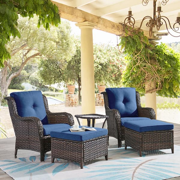 Gymojoy Carolina Brown 5-Piece Patio Conversation Set with Blue Cushions