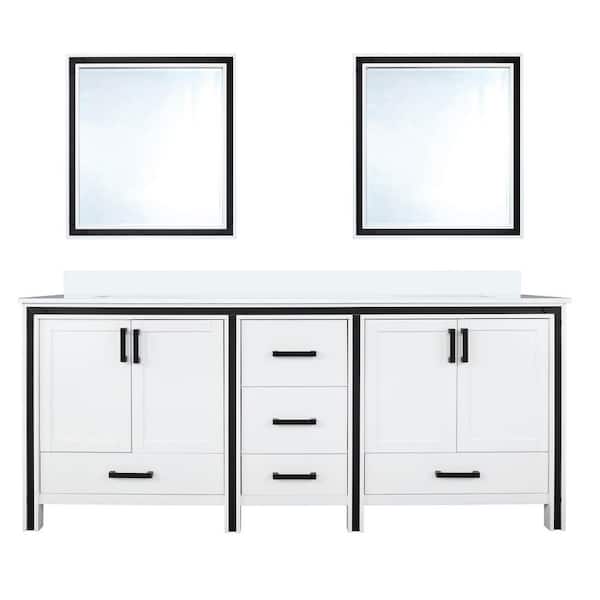 Ziva 72 in W x 22 in D White Double Bath Vanity, White Quartz Top and 30 in Mirrors