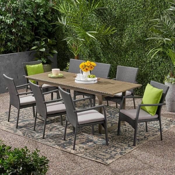 Noble House Villa 30 in. Grey 9Piece Wood Rectangular Outdoor Dining Set 68552 The Home Depot