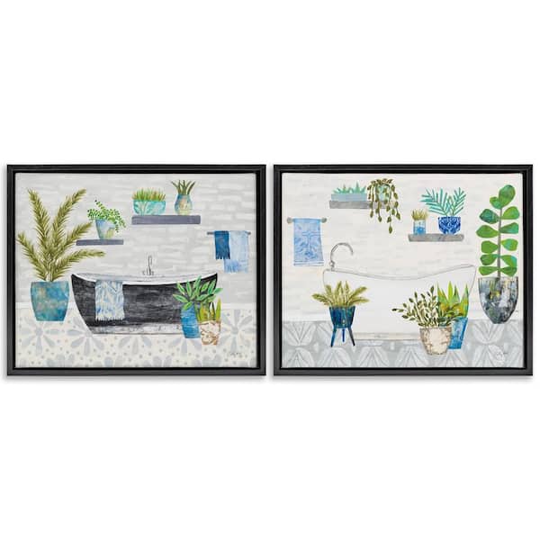 Stupell Industries Charming Botanical Bathroom by Courtney Prahl 2-Pieces Black Floater Frame Nature Graphic Art Print 17 in. x 21 in.