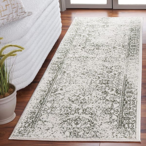 Adirondack 3 ft. x 10 ft. Ivory/Dark Green Border Distressed Runner Rug