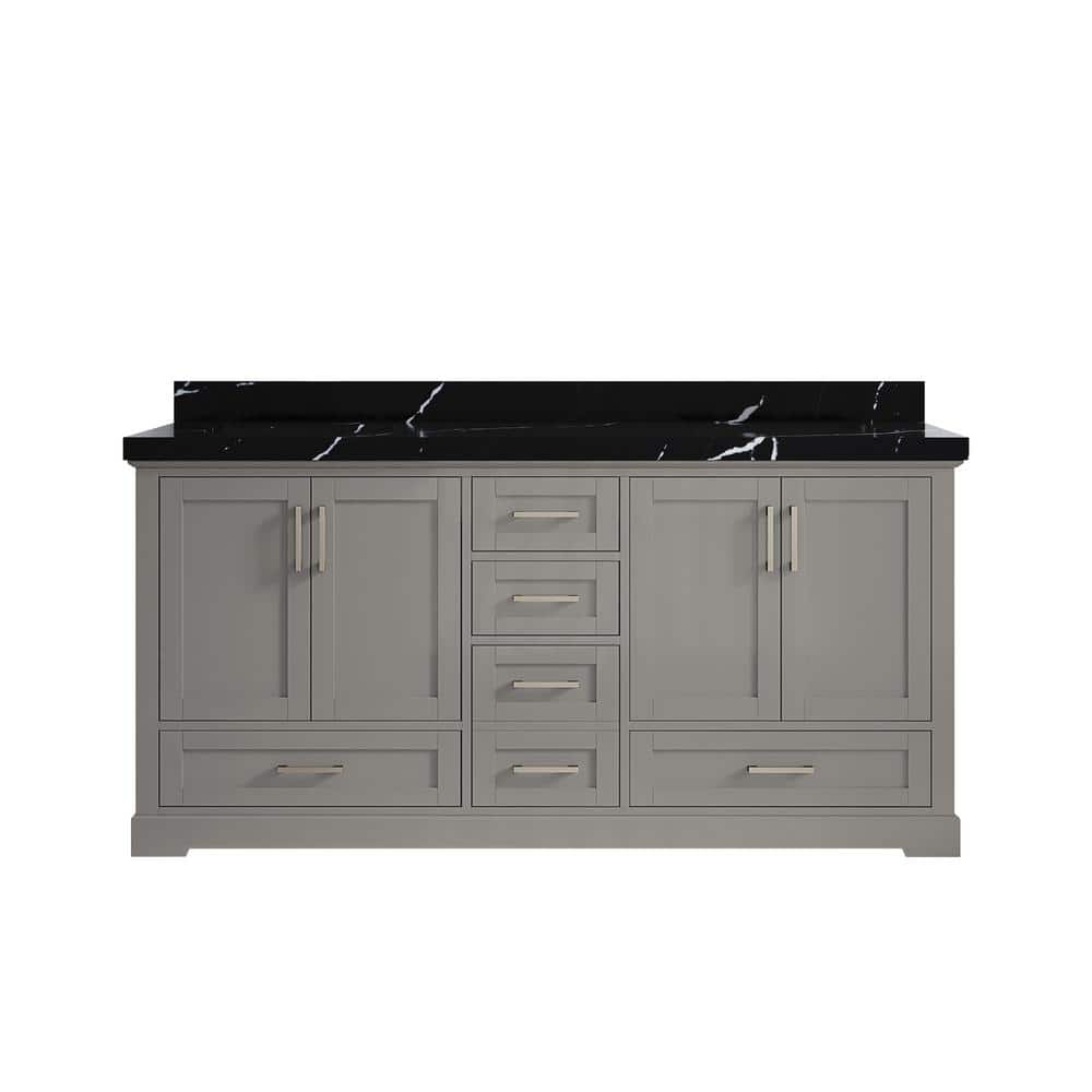 72 in Gray Double Sink Bathroom Vanity with Black Quartz Top