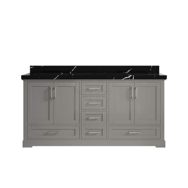 Willow Collections Boston 72 in. W x 22 in. D x 36 in. H Double Sink Bath Vanity in Elephant Gray with 2 in. Calacatta Black Qt. Top