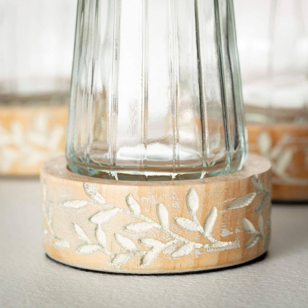 Embossed Glass and Wood Vase Set with Leaf Pattern, 3-Piece