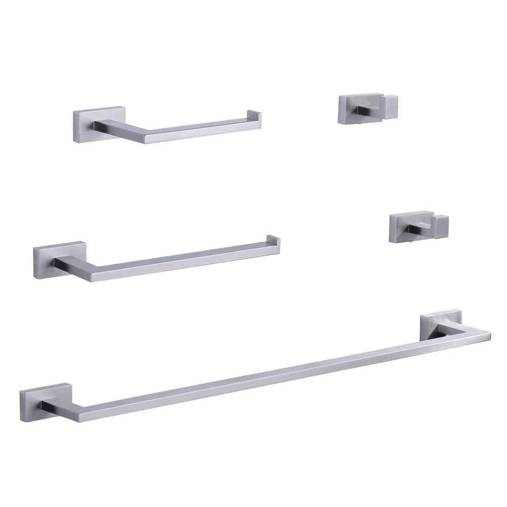 Stainless Steel 5-Piece Square Bath Hardware Set with 2-Towel Bars,  2-Hooks and Toilet Paper Holder in Brushed Nickel price history on PriceWatchPro