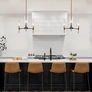 3-Light Brass Gold Round Chandelier Lighting, Modern Black Pendant Light with Cylinder Clear Glass Shades