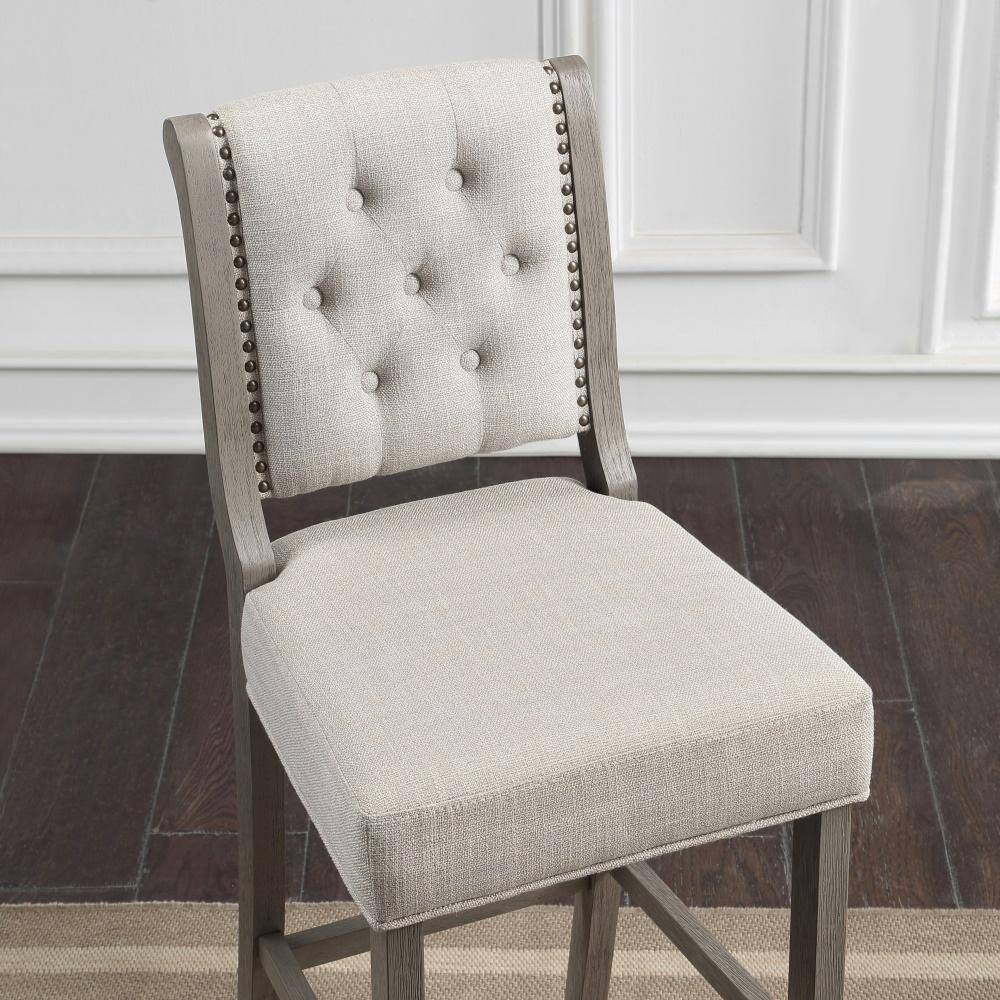 Driftwood Grey Tufted Back Counter Stool with Bronze Nailhead Trim
