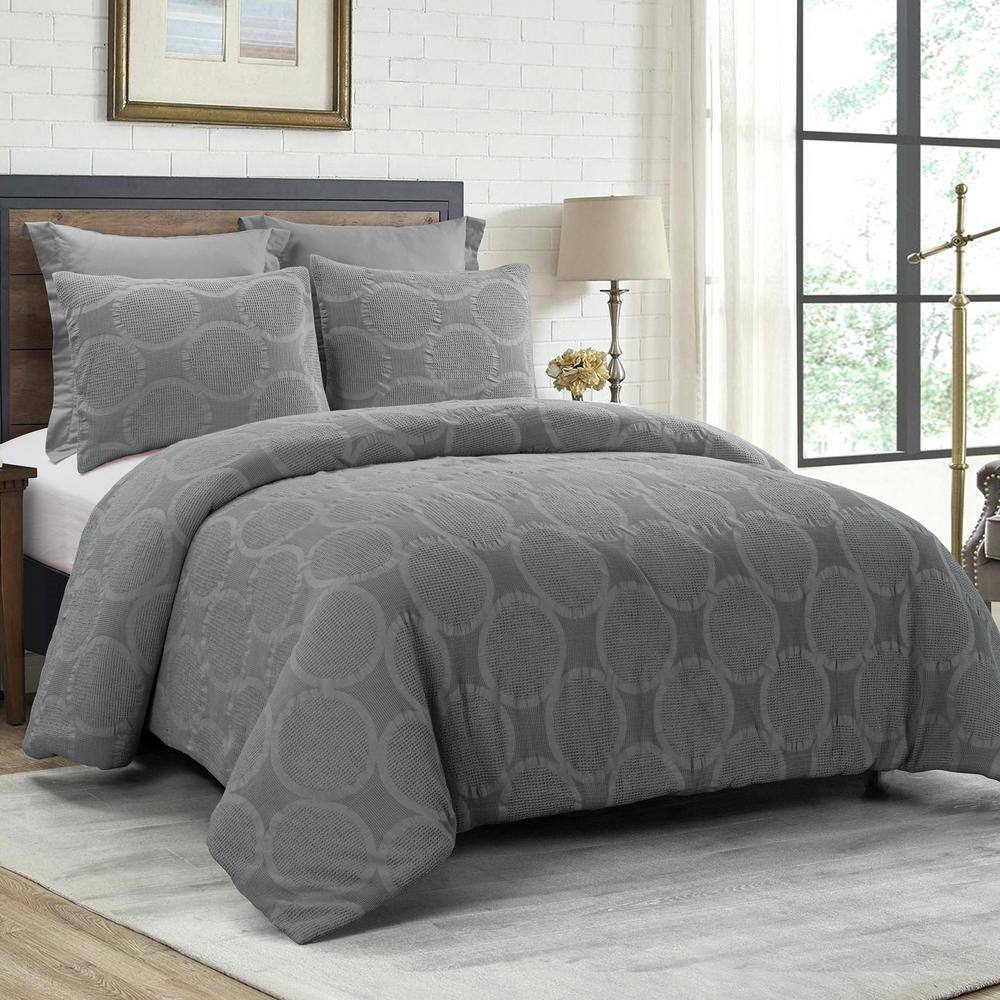 DONNA SHARP Leon 3-Piece Grey Cotton Queen Comforter Set