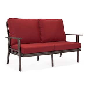 Walbrooke Brown 1-Piece Metal Outdoor Loveseat with Red Cushions