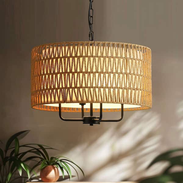 WDETR 19.7 in. 4-Light Rattan Yellow Bohemian Chandelier for Foyer Dining Room